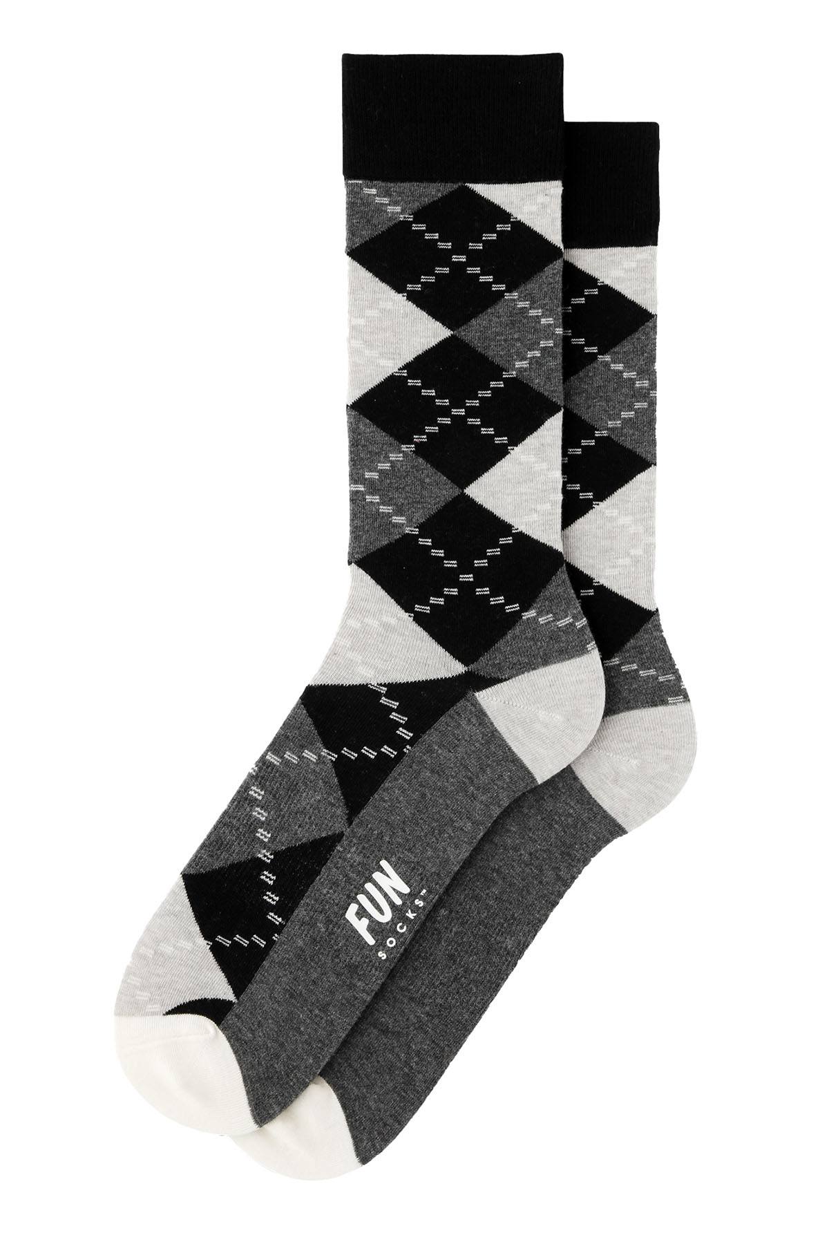 Fun Socks Black/White/Grey Argyle Crew Socks