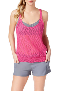 GO by Gossip Sporty Splice Layered Tankini Top in Pink/Sapphire thumbnail 1