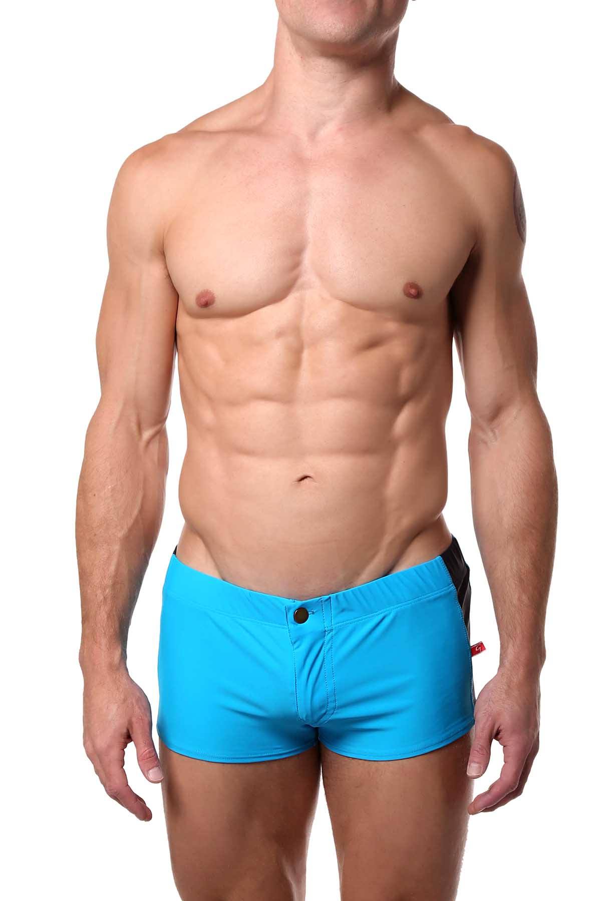 Go Softwear Turquoise/Navy Liam Zip-Front Square-Cut Swim Trunk