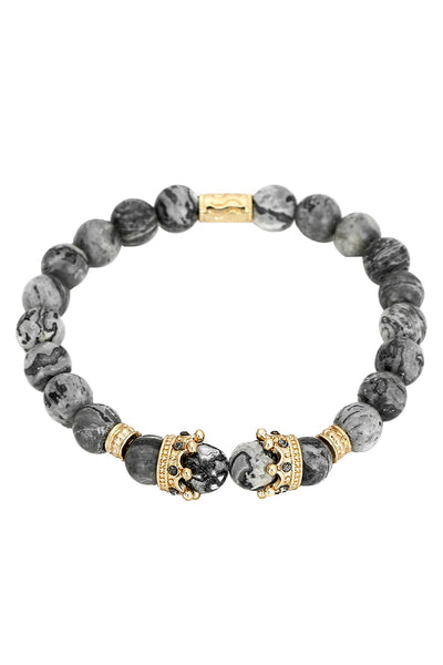 Gold Imperial Crown/Picasso Jasper Marble/Pavé Black CZ Bracelet