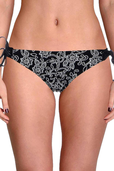 Gossip Black/White Dot Floral Print Strappy Lace-Up Hipster Bikini Bottom