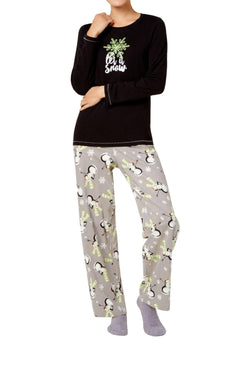 HUE Black/Grey Let-It-Snow Printed 3-Pc Pajama Set thumbnail 1