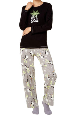 HUE Black/Grey Let-It-Snow Printed 3-Pc Pajama Set thumbnail 2