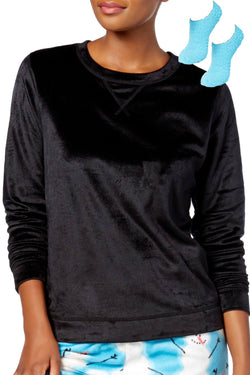 HUE Black Plush Fleece Top and Turquoise Fuzzy Slipper Socks 2-Piece Set thumbnail 1