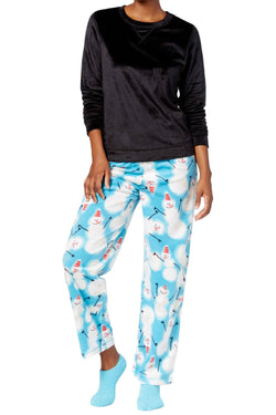 HUE Black Sueded Fleece Top and Snowman-Printed Pant 3-Piece Pajama Set thumbnail 2