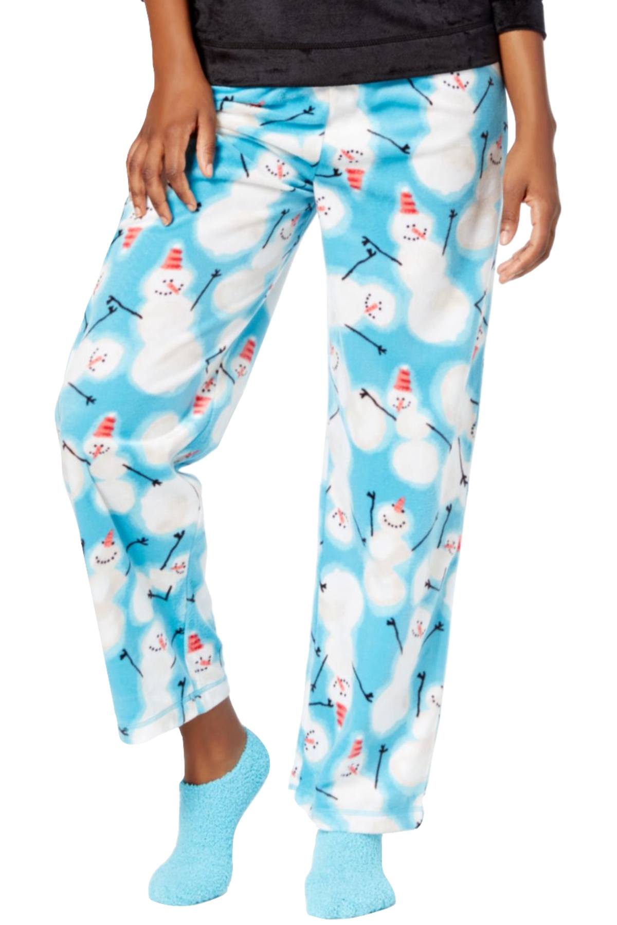 HUE Black Sueded Fleece Top and Snowman-Printed Pant 3-Piece Pajama Set