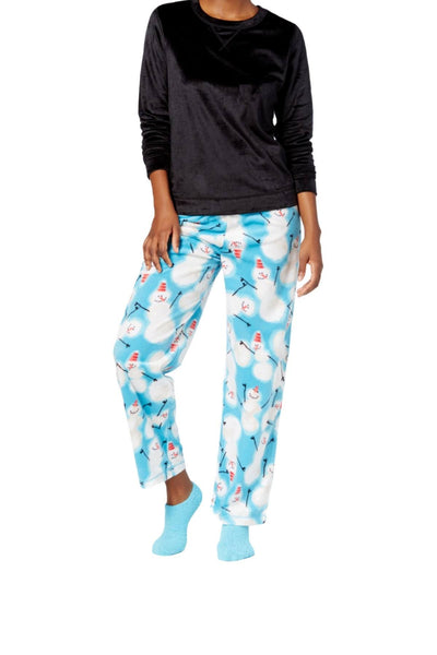 HUE Black Sueded Fleece Top and Snowman-Printed Pant 3-Piece Pajama Set