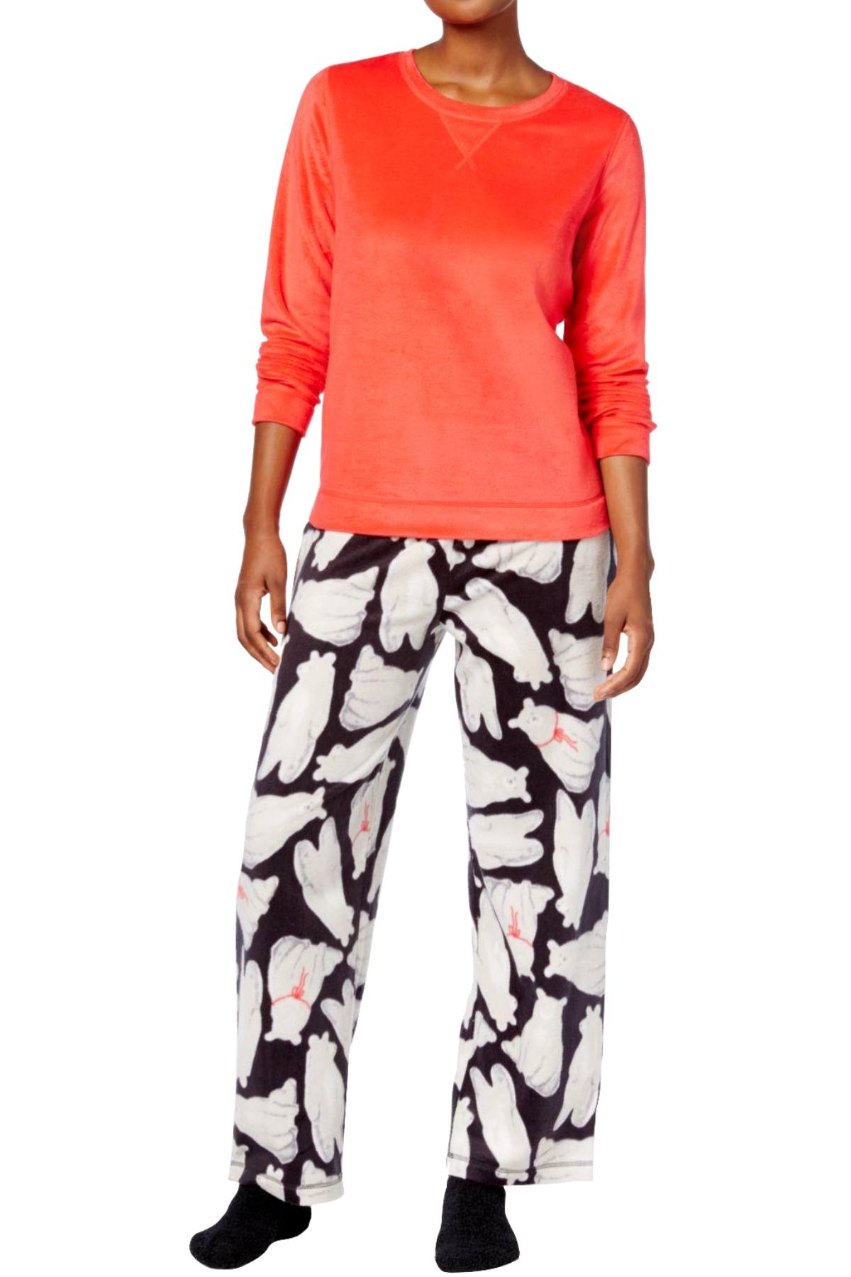 HUE Lollipop-Red Sueded Fleece Top and Bear-Printed Pant 3-Piece Pajama Set