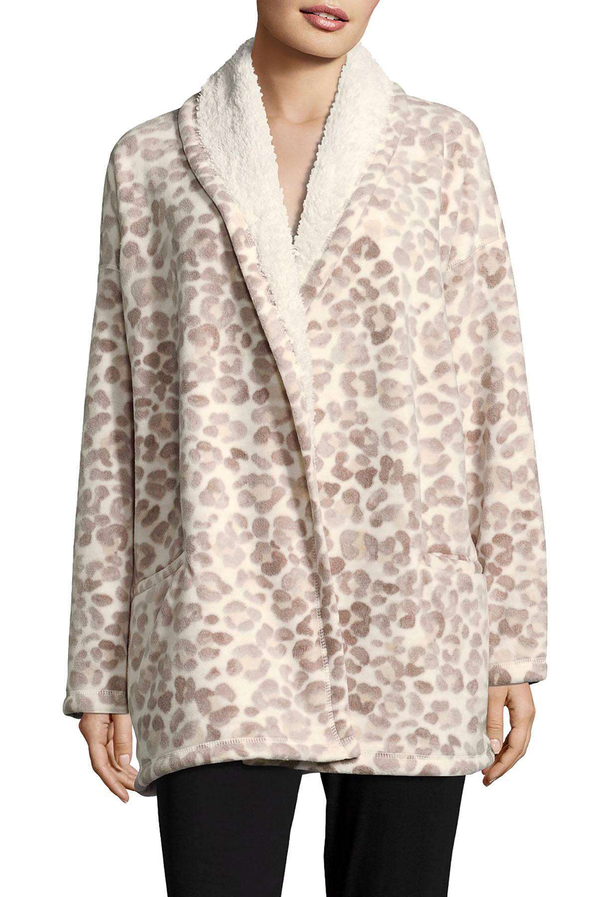 HUE Off-White/Beige Leopard Illusion Cozy Open-Front Robe