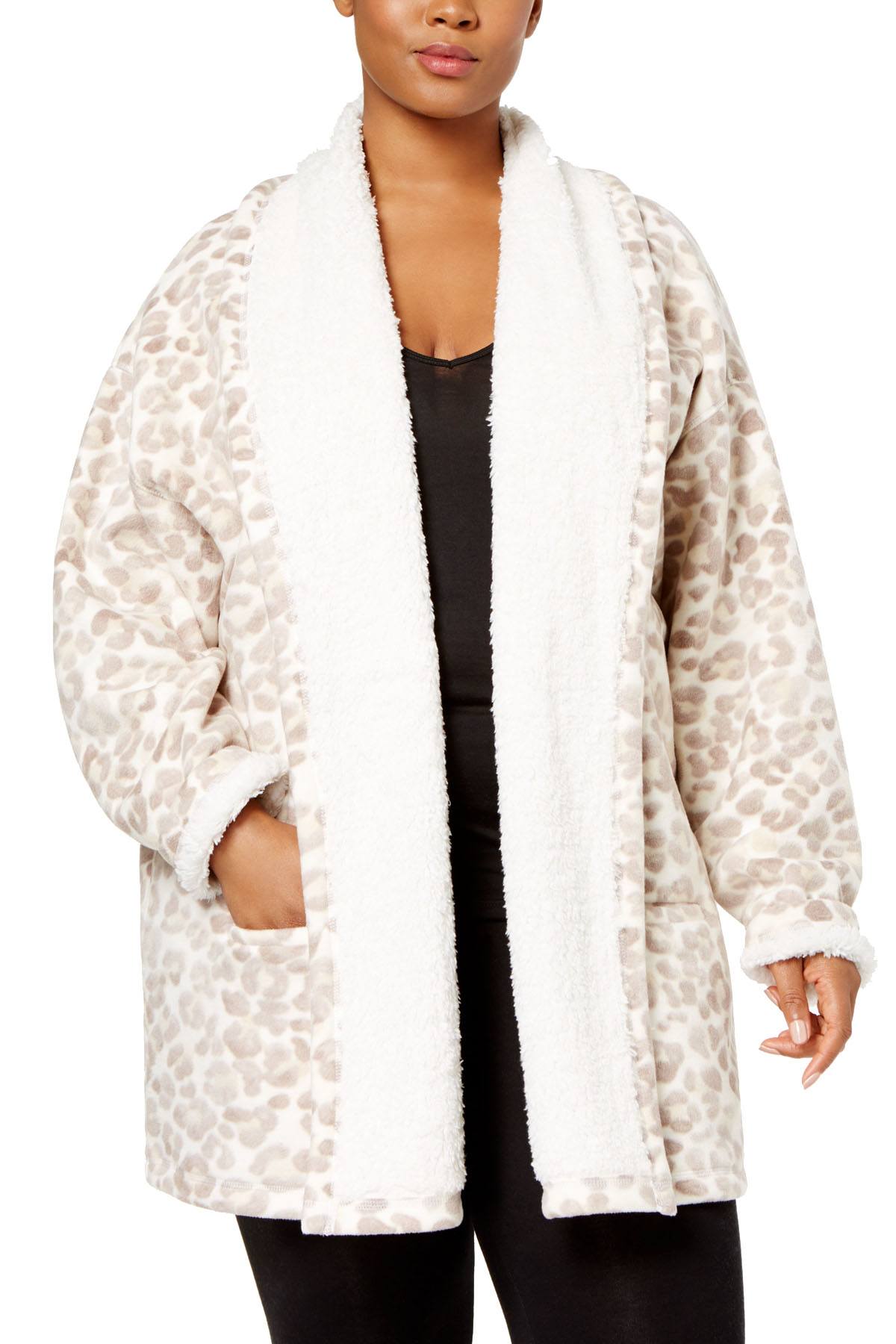 HUE Off-White/Beige Leopard Illusion Cozy Open-Front Robe