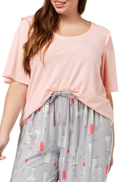 HUE PLUS Blossom Pink Bell Ruffled Sleeve Lounge Top thumbnail 1