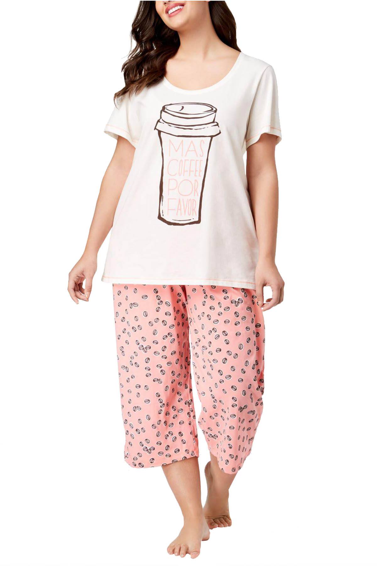 HUE PLUS Off-White/Peach Mas-Coffee 2pc Pajama Set