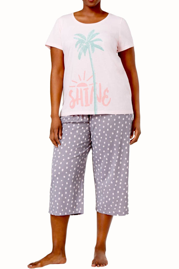 HUE PLUS Rose-Quartz Flamingo/Polka-Dot Printed PJ 2-Piece Set