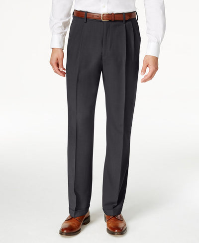 Haggar Eclo Stria Classic Fit Pleated Hidden Expandable Waistband Dress Pants Med Grey