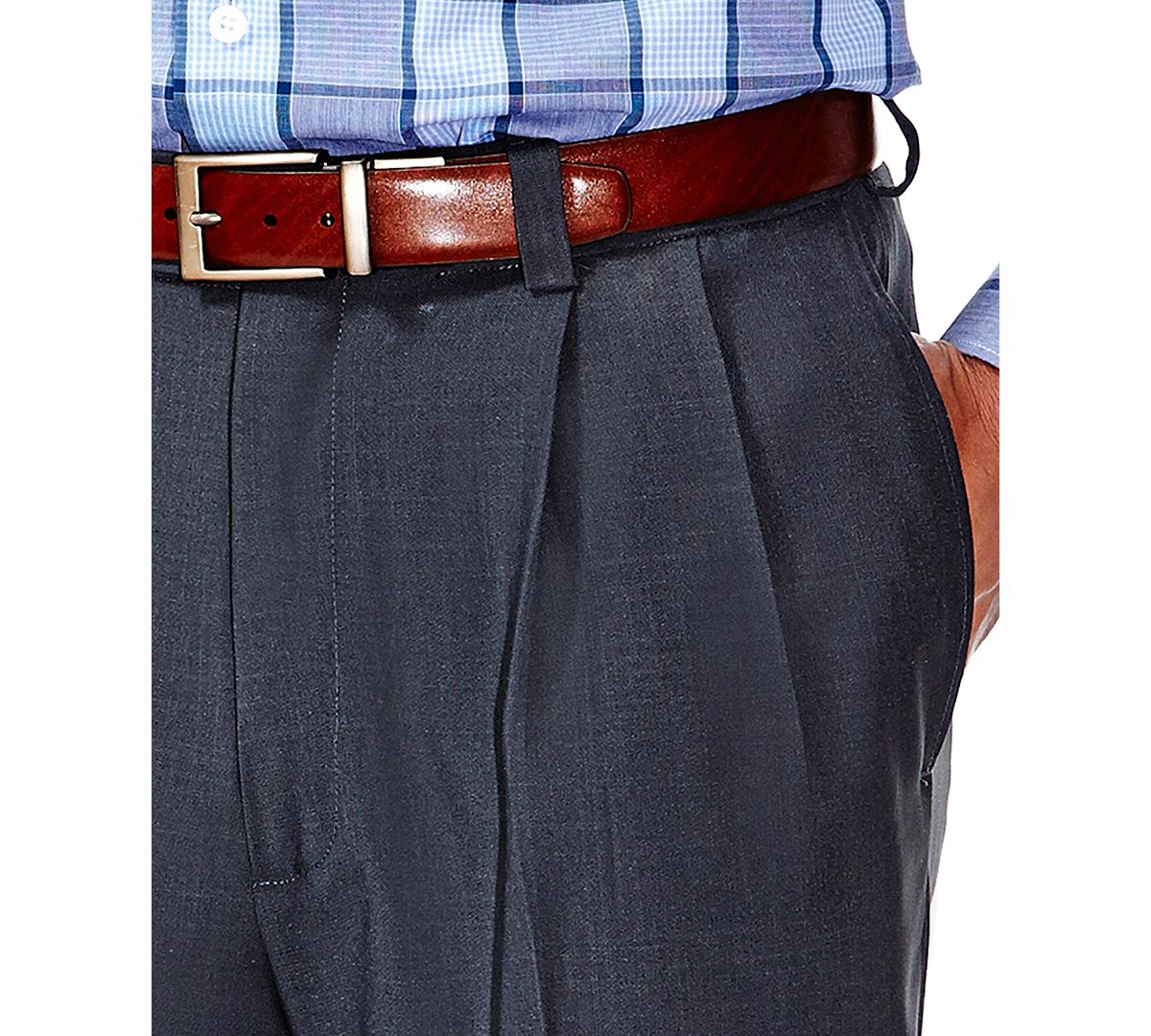 Haggar Eclo Stria Classic Fit Pleated Hidden Expandable Waistband Dress Pants Med Grey