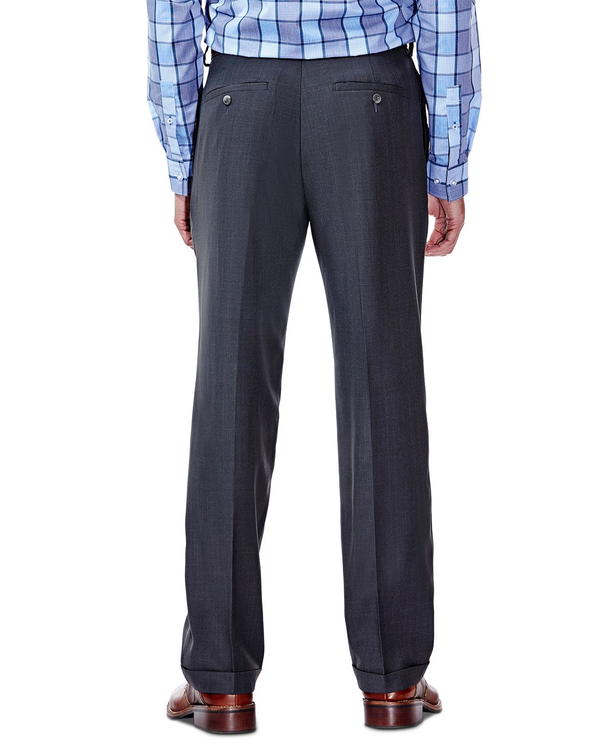 Haggar Eclo Stria Classic Fit Pleated Hidden Expandable Waistband Dress Pants Med Grey