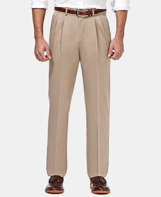 Haggar Premium No Iron Khaki Classic Fit Pleat Hidden Expandable Waist Pants Sand