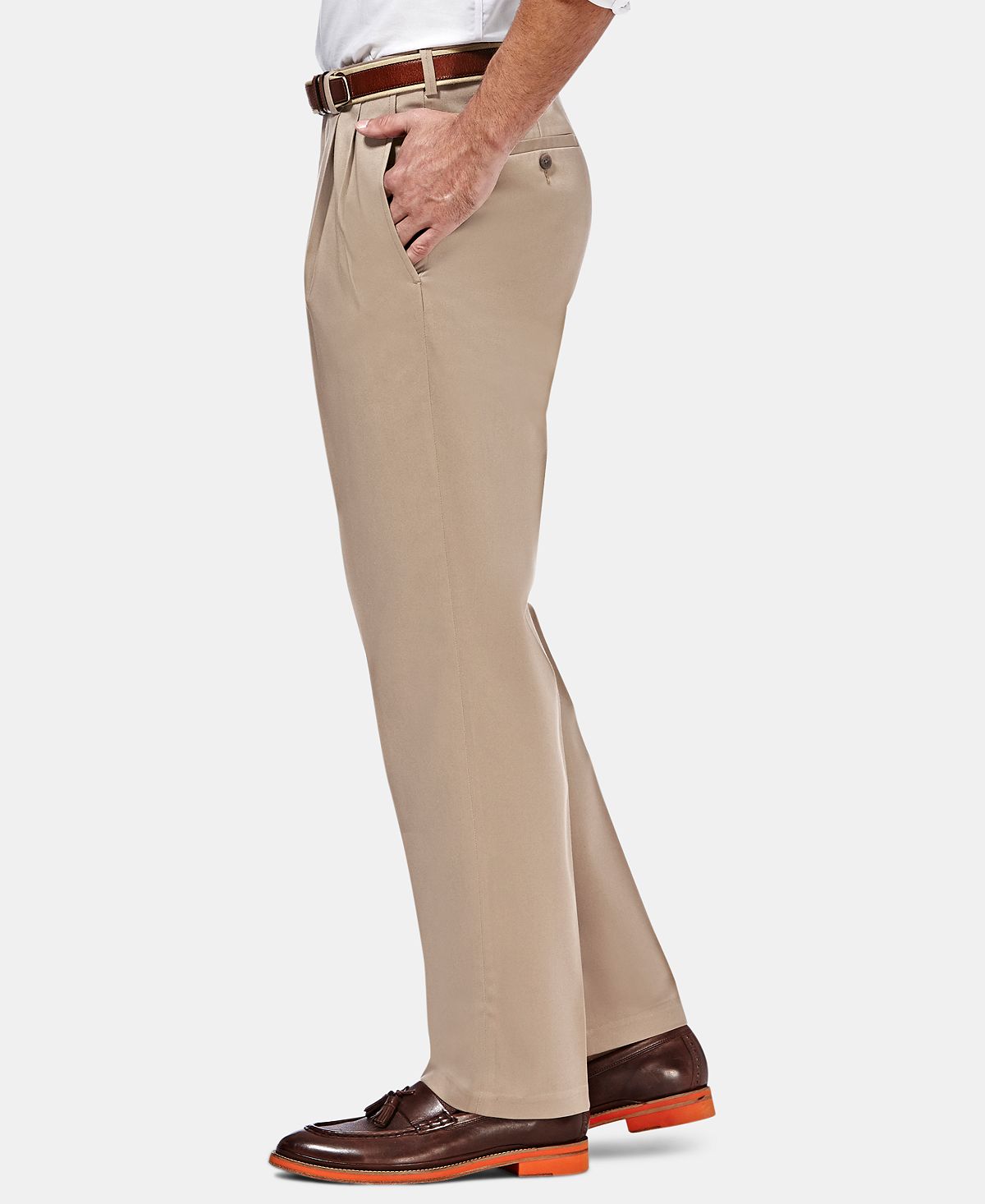 Haggar Premium No Iron Khaki Classic Fit Pleat Hidden Expandable Waist Pants Sand
