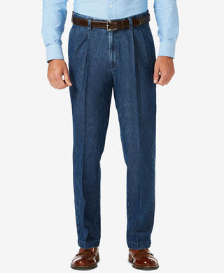 Haggar Stretch Denim Classic-fit Pleated Pants Med Stonewash