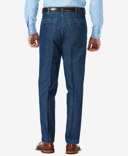Haggar Stretch Denim Classic-fit Pleated Pants Med Stonewash thumbnail 2