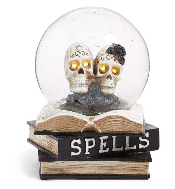 Halloween Skull Couple on Spells Books LED Light-Up Decor Under Glass Cloche