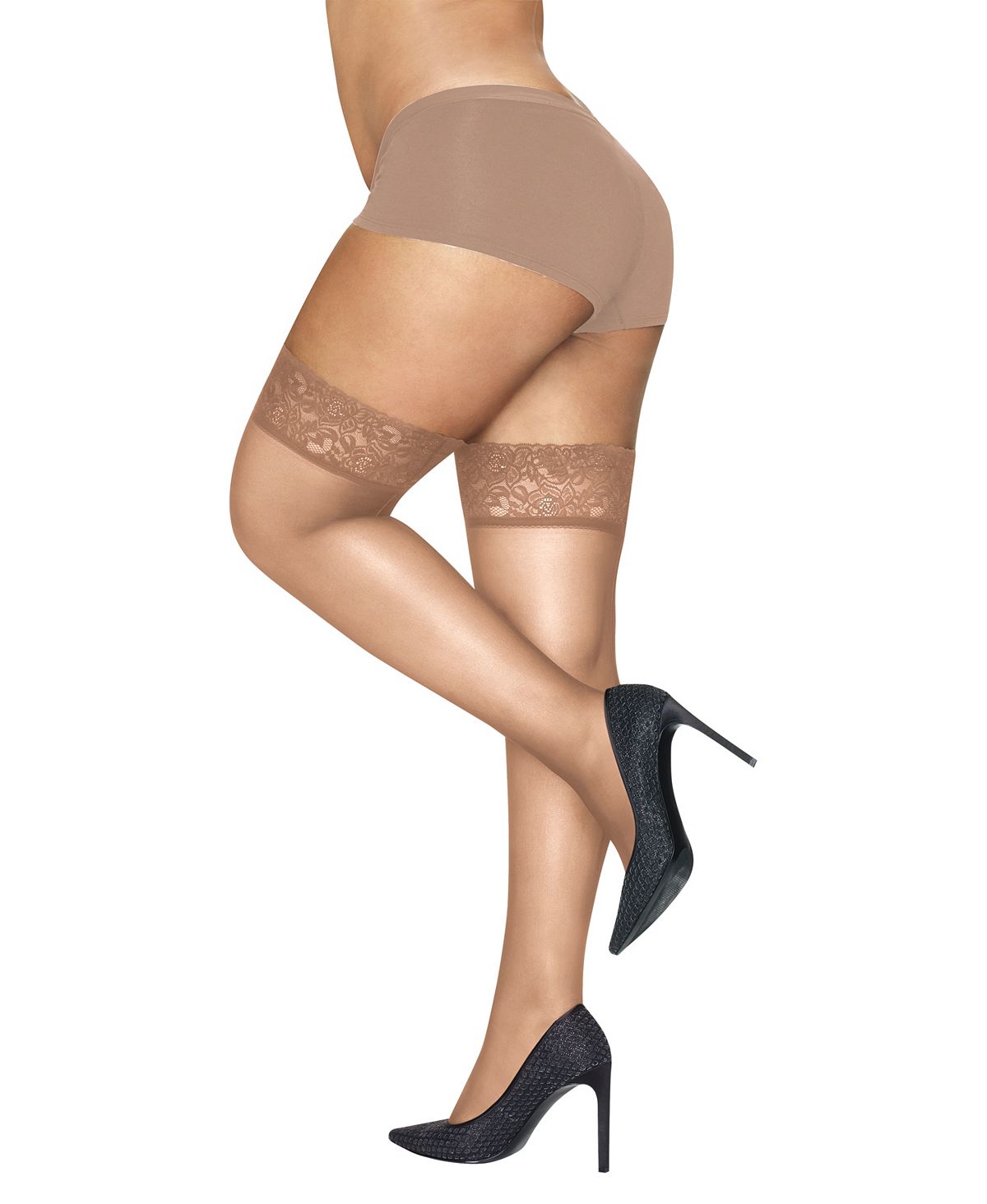 Hanes Plus Lace-band Thigh Highs Nude