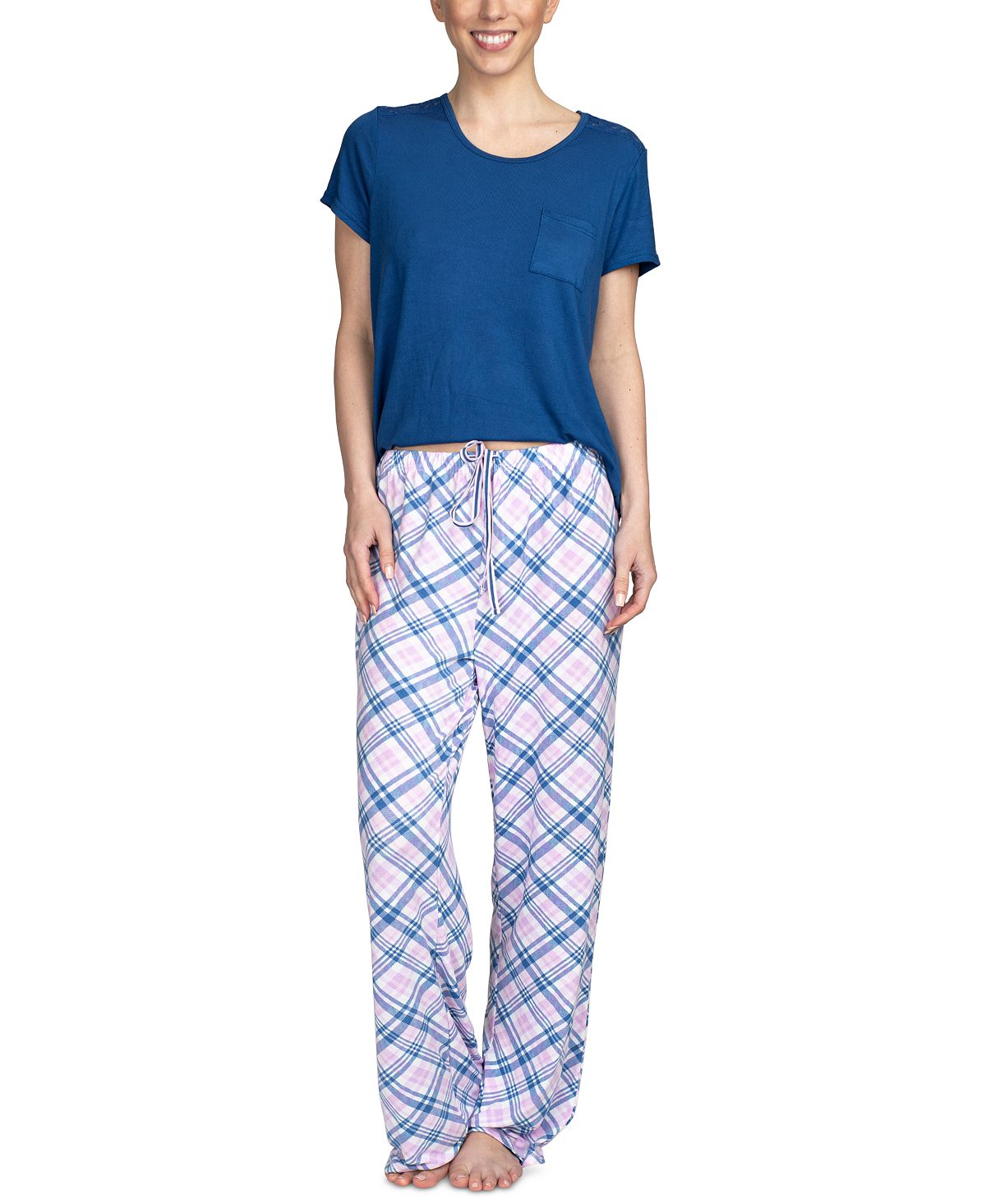 Hanes Wo 2pc Pajama Set Blue/plaid