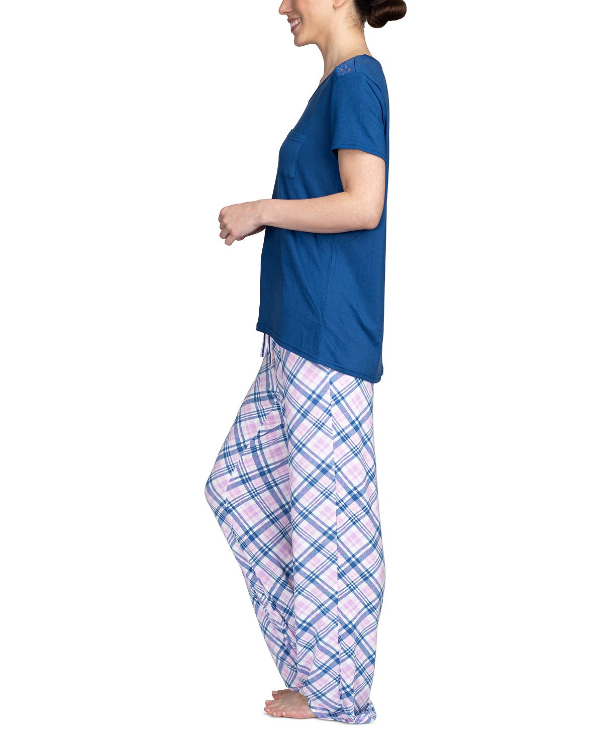 Hanes Wo 2pc Pajama Set Blue/plaid
