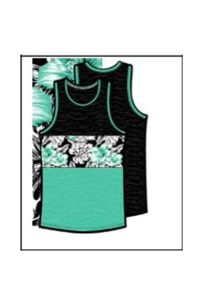 Hard Edge Jade/Black Colorblock Hawaiian Print Tank Top