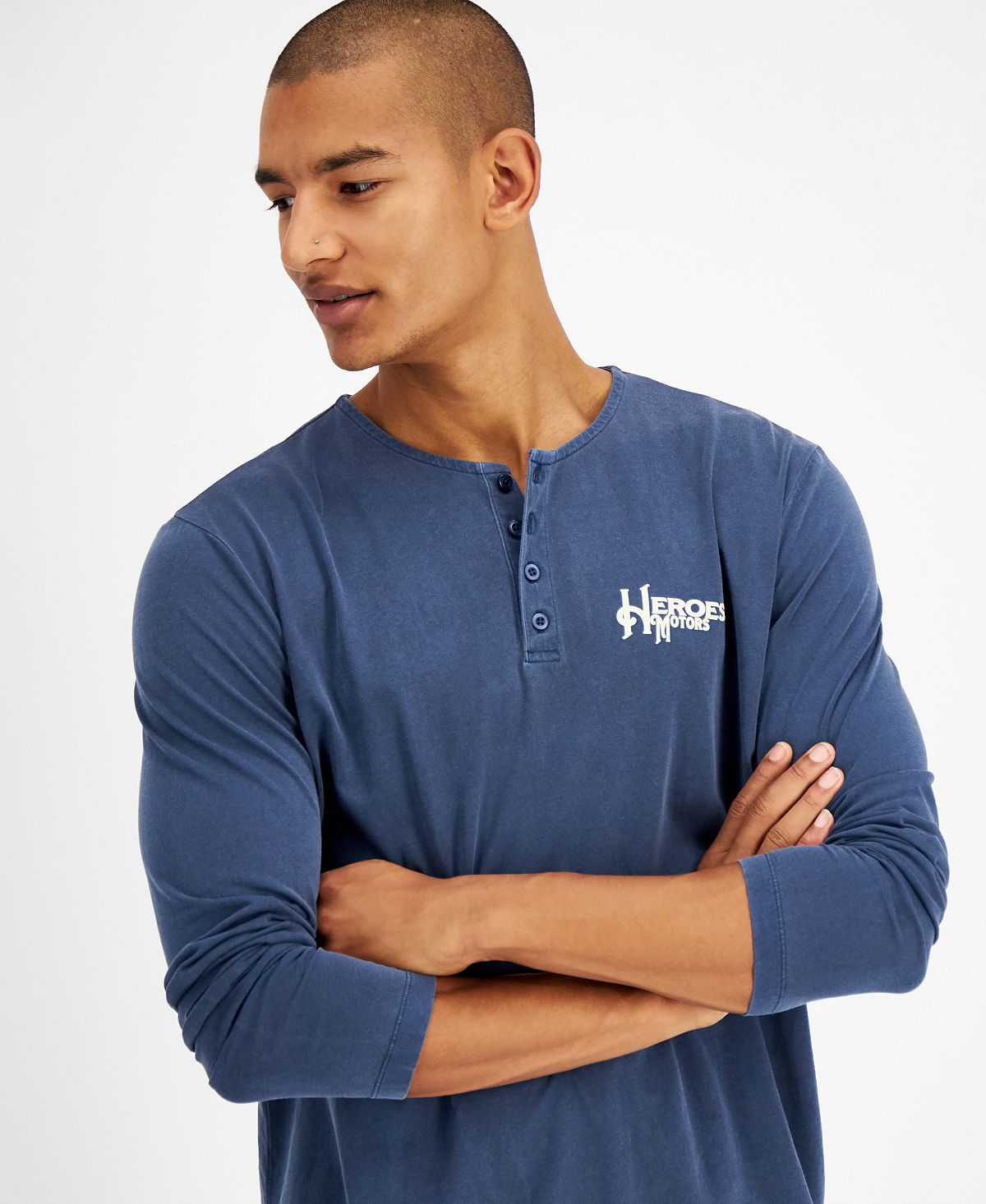 Heroes Motors Classic Seven Graphic Long-sleeve Henley Shirt Blue