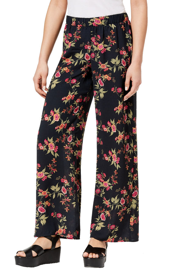 Hippie Rose Black Floral Juniors' Printed Wide-Leg Soft Pant