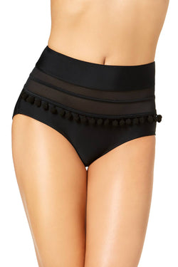 Hula Honey Black Mesh-Insert Pom Pom High-Waist Bikini Bottom thumbnail 2