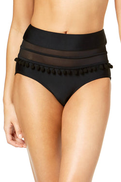 Hula Honey Black Mesh-Insert Pom Pom High-Waist Bikini Bottom thumbnail 1