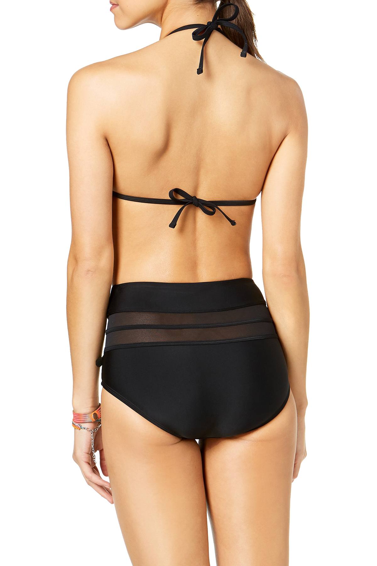 Hula Honey Black Mesh-Insert Pom Pom High-Waist Bikini Bottom