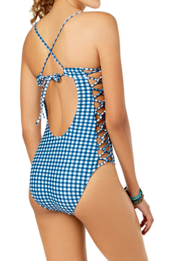 Hula Honey Blue-Gingham Picnic Printed Lace-Up One-Piece Swimsuit thumbnail 2