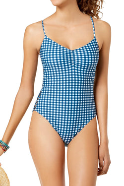 Hula Honey Blue-Gingham Picnic Printed Lace-Up One-Piece Swimsuit thumbnail 1
