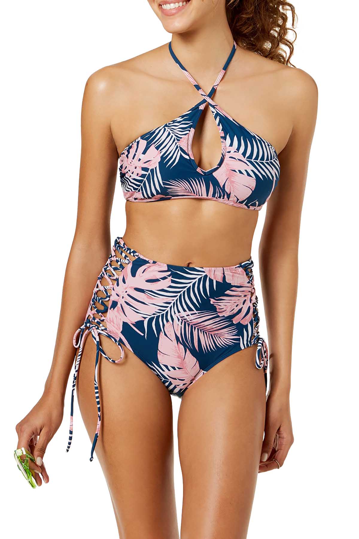 Hula Honey Blue/Pink Paradise Leaves Printed High Waisted Bikini Bottom