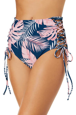 Hula Honey Blue/Pink Paradise Leaves Printed High Waisted Bikini Bottom thumbnail 1