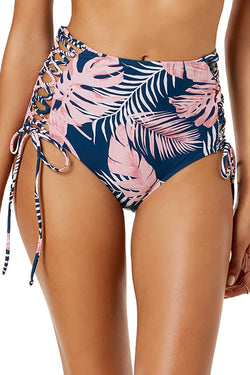 Hula Honey Blue/Pink Paradise Leaves Printed High Waisted Bikini Bottom thumbnail 2