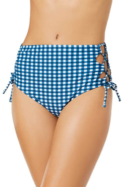 Hula Honey High Waist Lace Up Bikini Bottom in Blue Picnic Gingham thumbnail 2