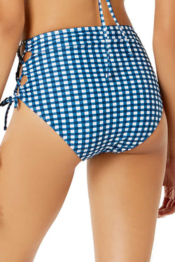 Hula Honey High Waist Lace Up Bikini Bottom in Blue Picnic Gingham thumbnail 3