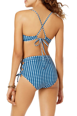 Hula Honey High Waist Lace Up Bikini Bottom in Blue Picnic Gingham thumbnail 1