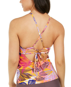 Hula Honey Juniors' Palm Play Printed Strappy Tankini Top Turmeric Multi thumbnail 2