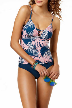 Hula Honey Paradise Leaves Tankini Top in Blue/Pink thumbnail 1
