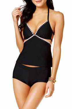 Hula Honey Shell Stitch Cutout Halter Tankini Top in Black/Pink thumbnail 1