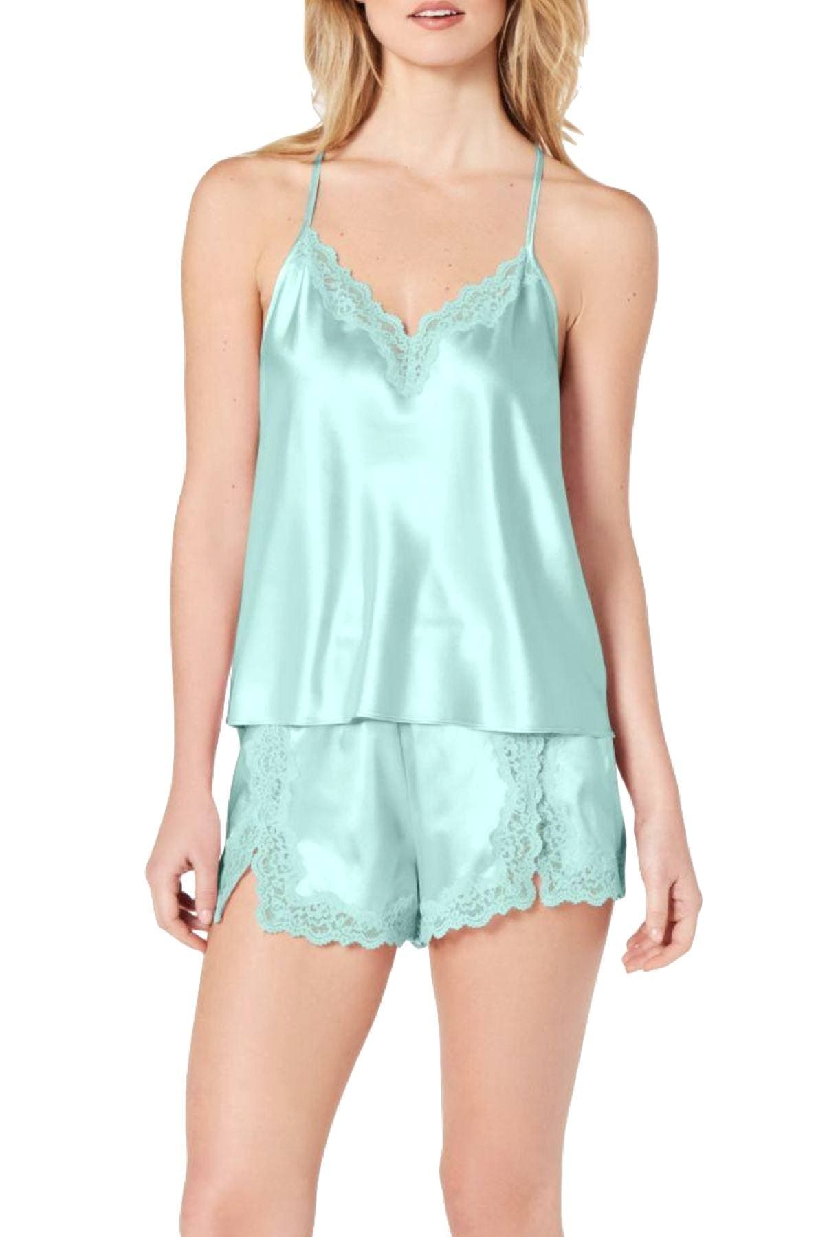 INC International Concepts Aquamarine Satin Lace Trim Cami / Short Set
