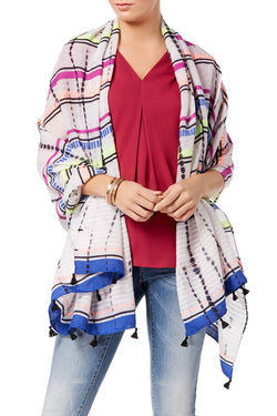INC International Concepts Black/Bright Dye-Wash Striped Tassel Wrap / Sarong / Scarf thumbnail 1