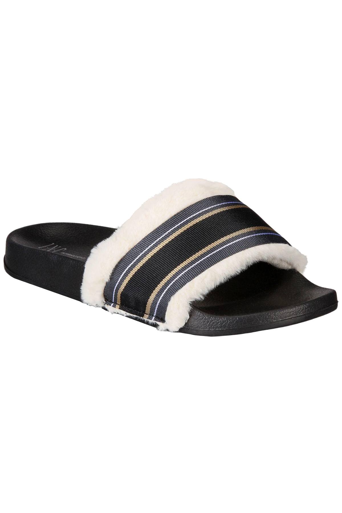 INC International Concepts Black/Multi Faux Fur Varsity Slide Slippers