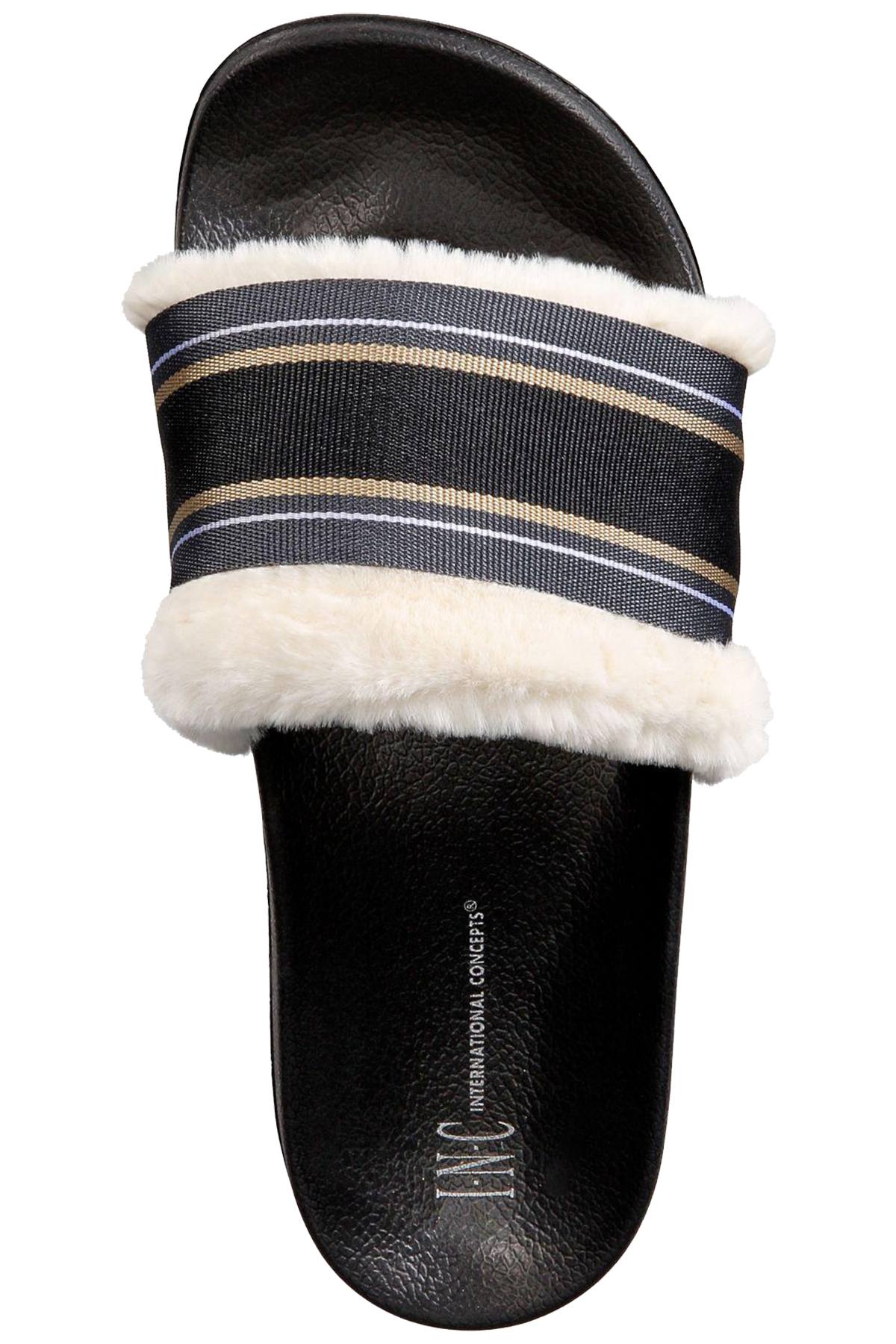 INC International Concepts Black/Multi Faux Fur Varsity Slide Slippers