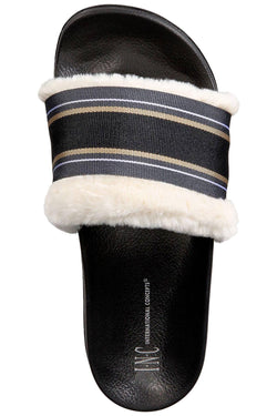 INC International Concepts Black/Multi Faux Fur Varsity Slide Slippers thumbnail 2